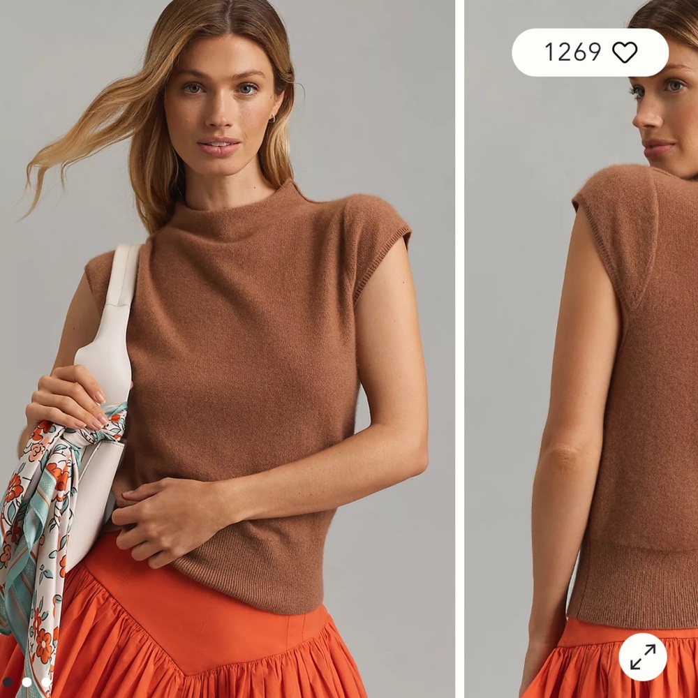 Anthropologie Tan Cap Sleeve Cashmere Mock Neck Knit Top Size S